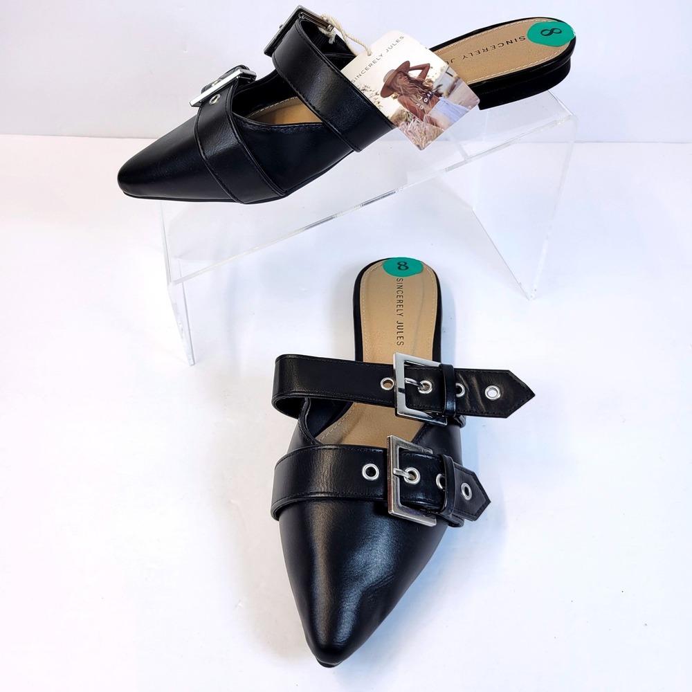 Sincerely Jules Mules Double Buckle Pointed Toe Womens 8 Black Edgy Office Chic